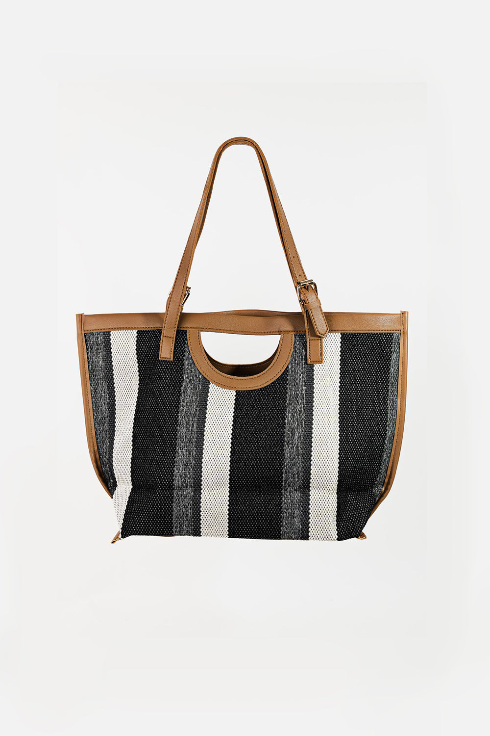 The Fame Striped PU Leather Trim Tote Bag, showcasing beige and brown stripes with leather handles and an adjustable strap, is the ideal fashionable accessory to complement any outfit.