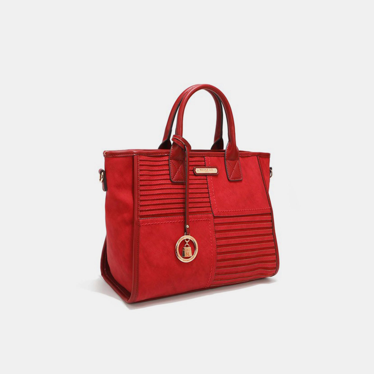 The Nicole Lee USA Scallop Stitched Handbag is crafted from vegan leather in a striking red color, featuring a textured front and elegant gold accents. It includes scallop-stitched details, two handles, and an adjustable shoulder strap for versatile carrying options.