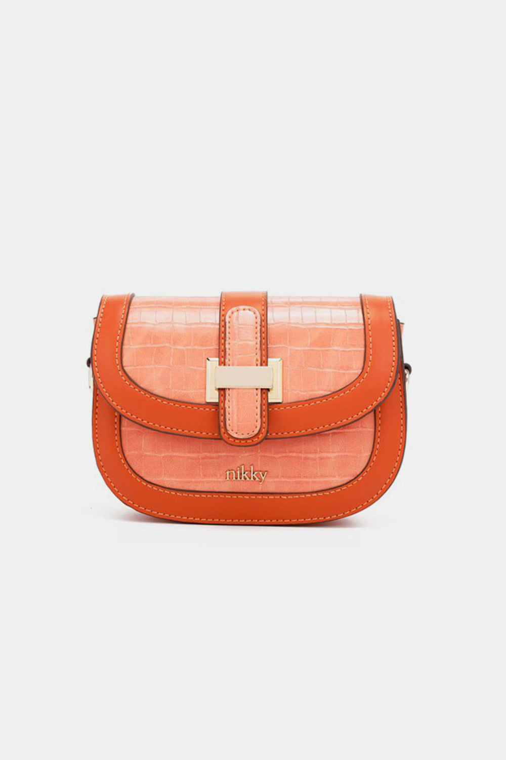 This stylish Nicole Lee USA croc embossed crossbody bag, crafted from eco-leather, features an orange hue, a gold buckle, and the brand name "nikky" on the front.