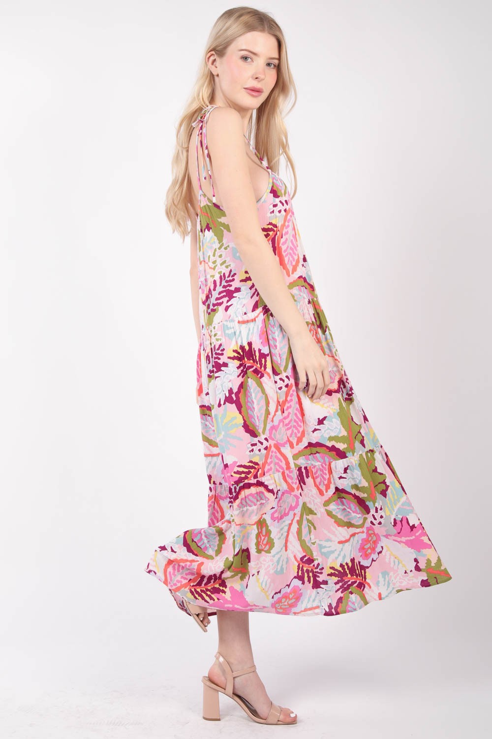 A person wearing the VERY J Tropical Printed Cami Midi Dress and strappy sandals stands against a plain background.