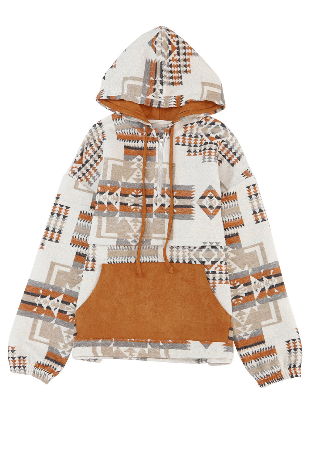 A person with long blonde hair, seen from behind, is wearing the Beige Aztec Print Kangaroo Pocket Half-Zip Hoodie. The hoodie showcases an Aztec pattern in shades of brown, beige, and orange and features a drop shoulder design with a cozy kangaroo pocket, all while standing outdoors.