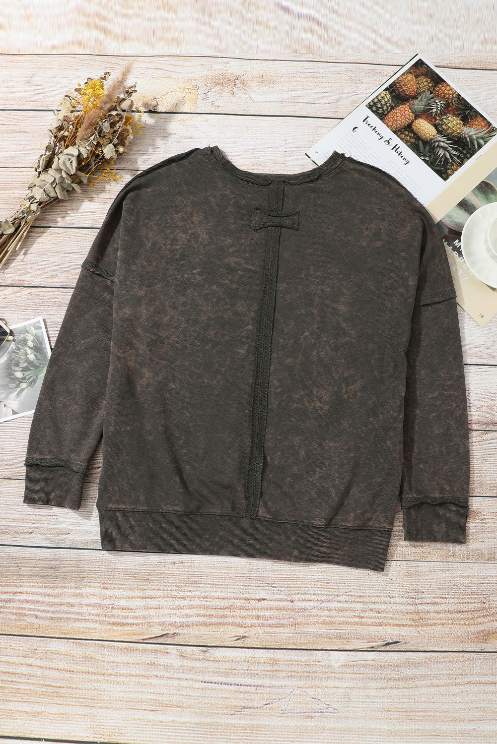 Gray Acid Wash Drop Shoulder Long Sleeve Sweatshirt with Pockets