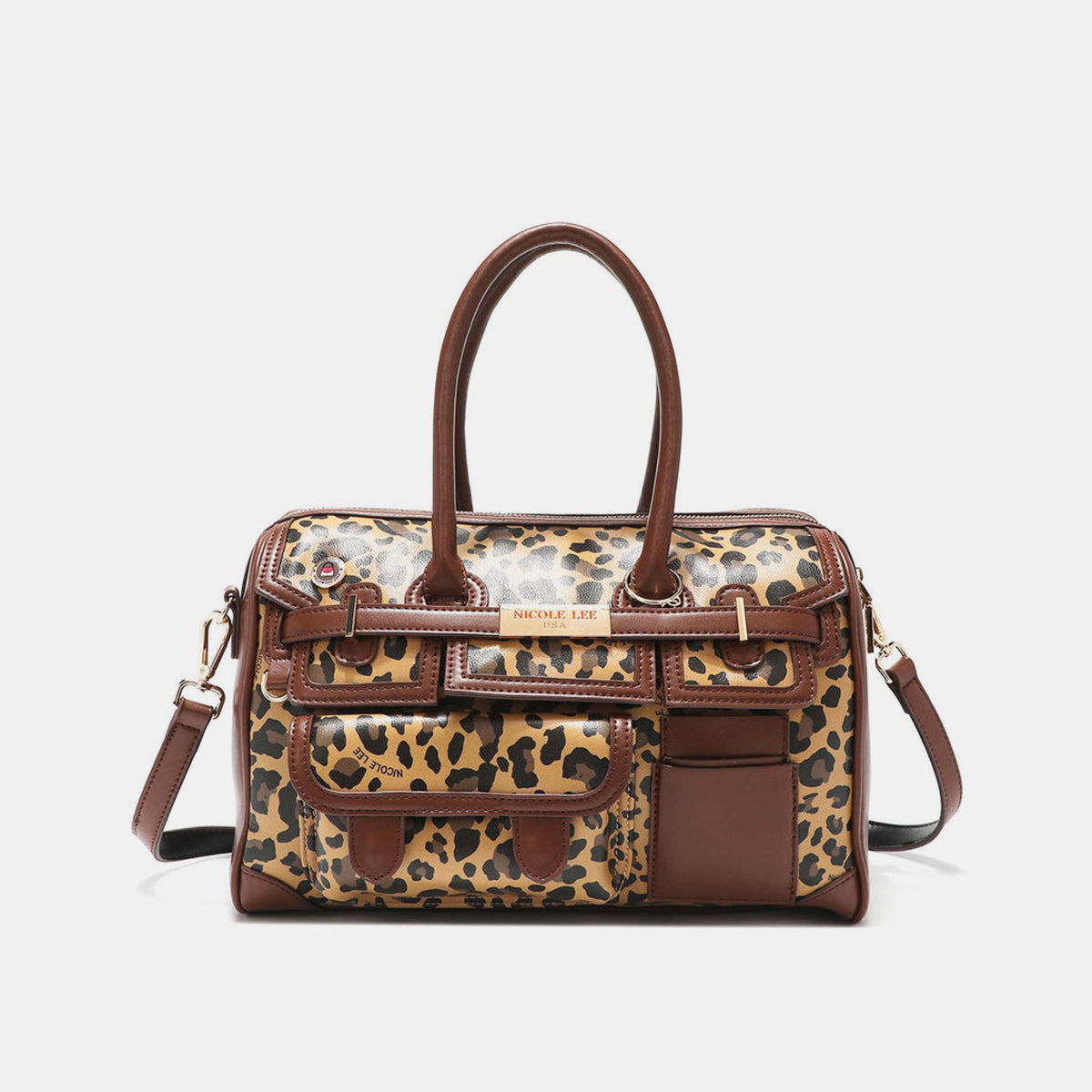 Introducing the Nicole Lee USA Leopard Boston Bag: a stylish vegan leather accessory in chic brown, boasting an eye-catching leopard print design, dual handles, multiple pockets, and adorned with a gold-tone nameplate.