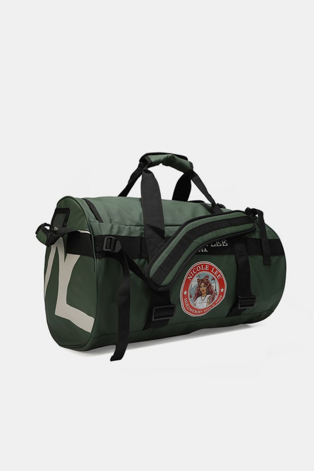 The Nicole Lee USA Large Duffel Bag is a lightweight, green bag with black straps and handles, featuring the "Nicole Lee USA" logo in the center and offering versatile carrying options.