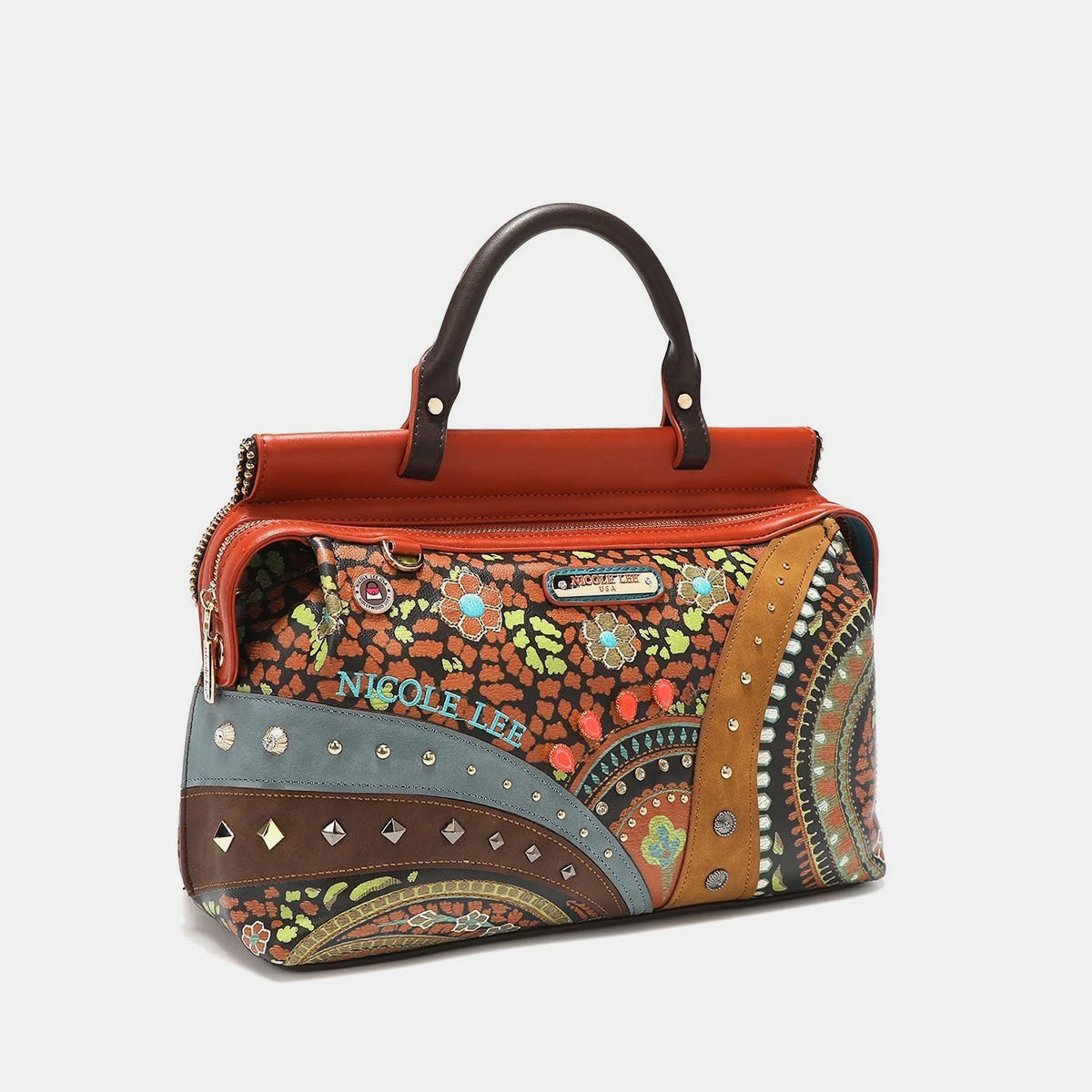 Nicole Lee USA's Front Stitch Detail Inlaid Stud Handbag is a lively vegan leather piece featuring brown handles, a blend of floral and geometric patterns, inlaid studs, and an ornamental charm.