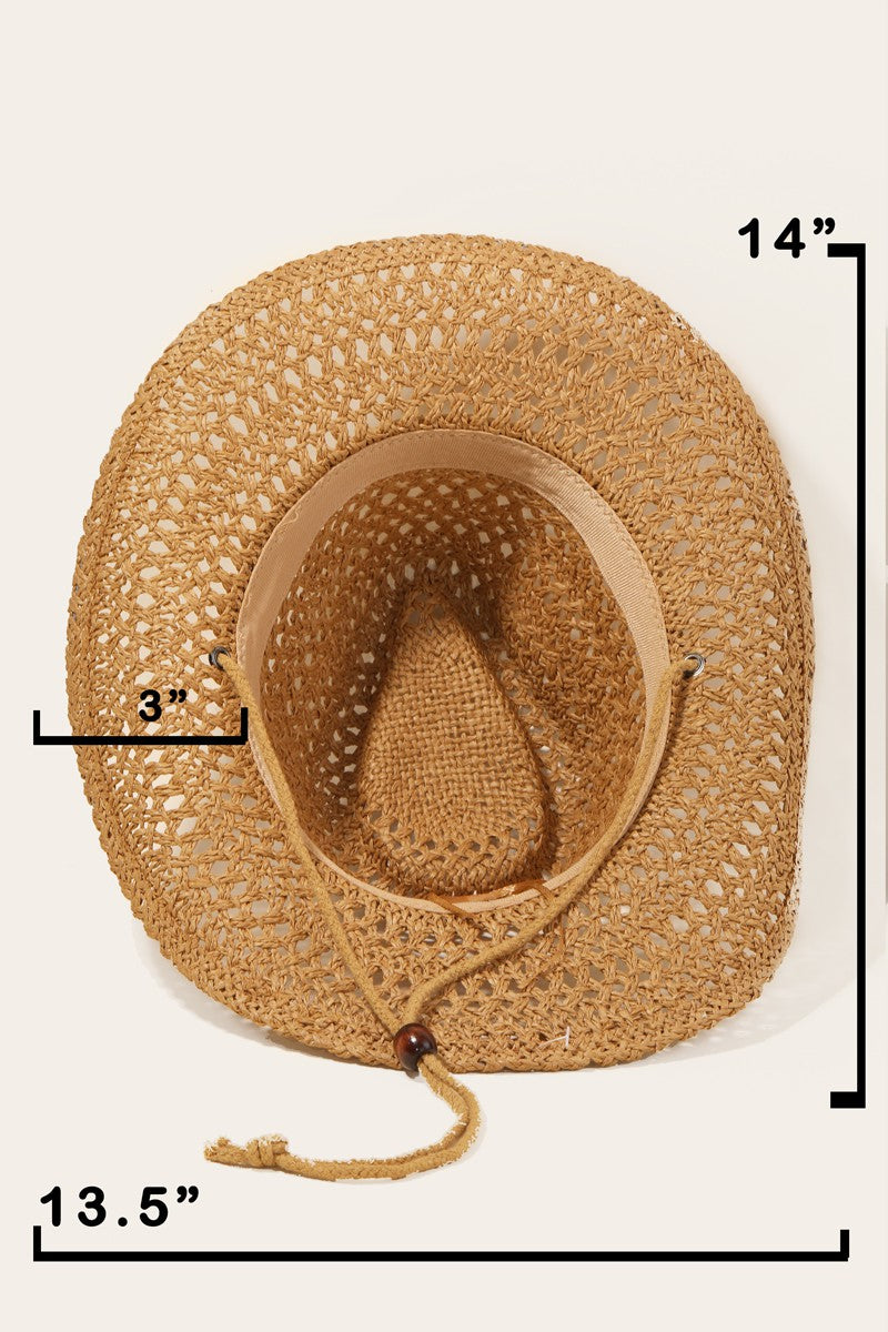 The Fame Rope Strap Straw Braided Hat, a tan woven cowboy hat with a braided rope strap, is displayed on a white mannequin head against a plain background.