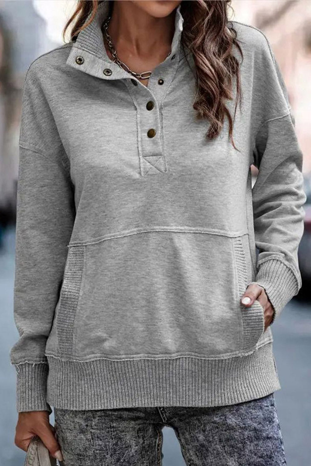 Gray Ribbed Hem Snap Button Neckline Sweatshirt with Pocket