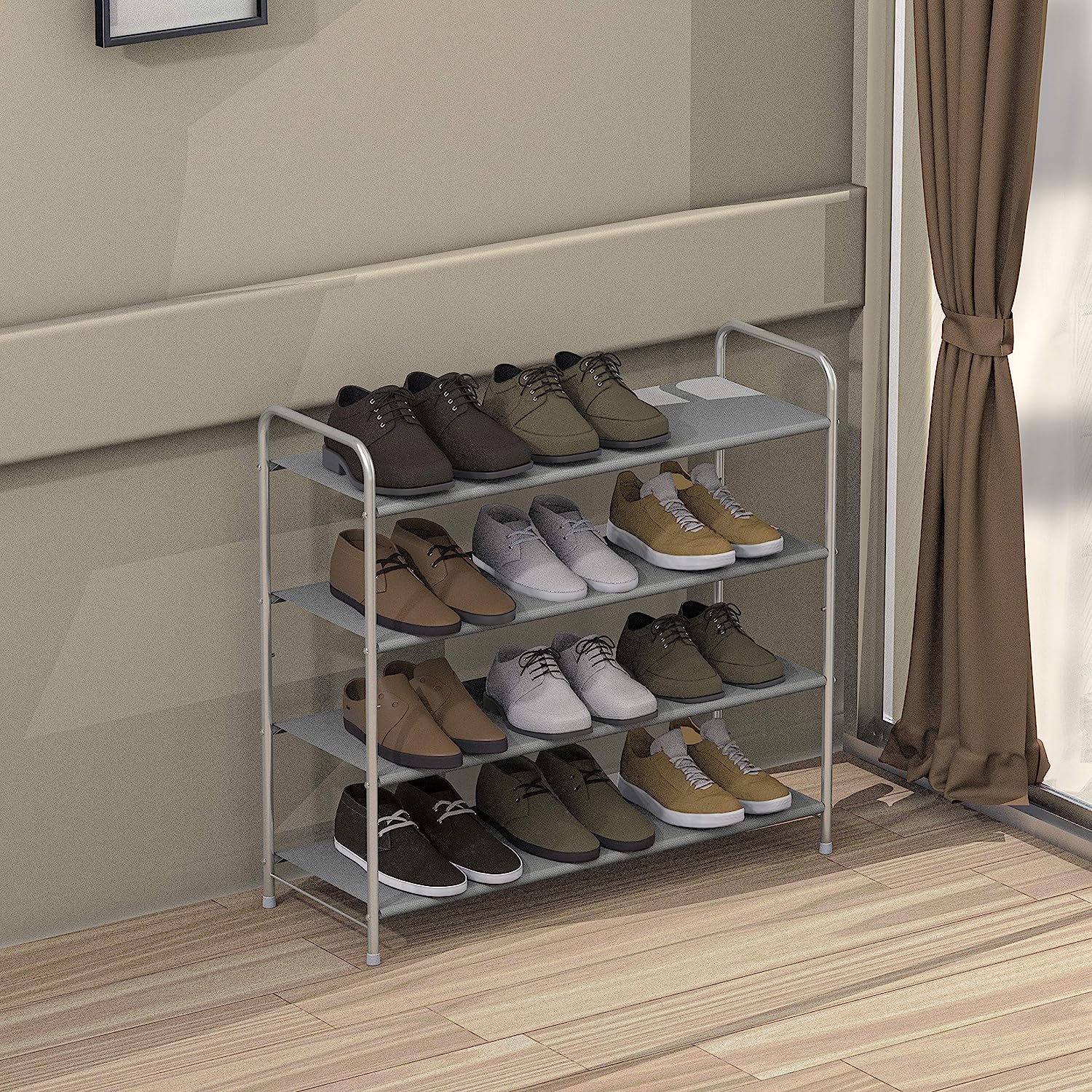 A modern Simple Houseware 4-Tier Shoe Rack Storage Organizer 20-Pair, Grey made of metal with gray fabric shelves.