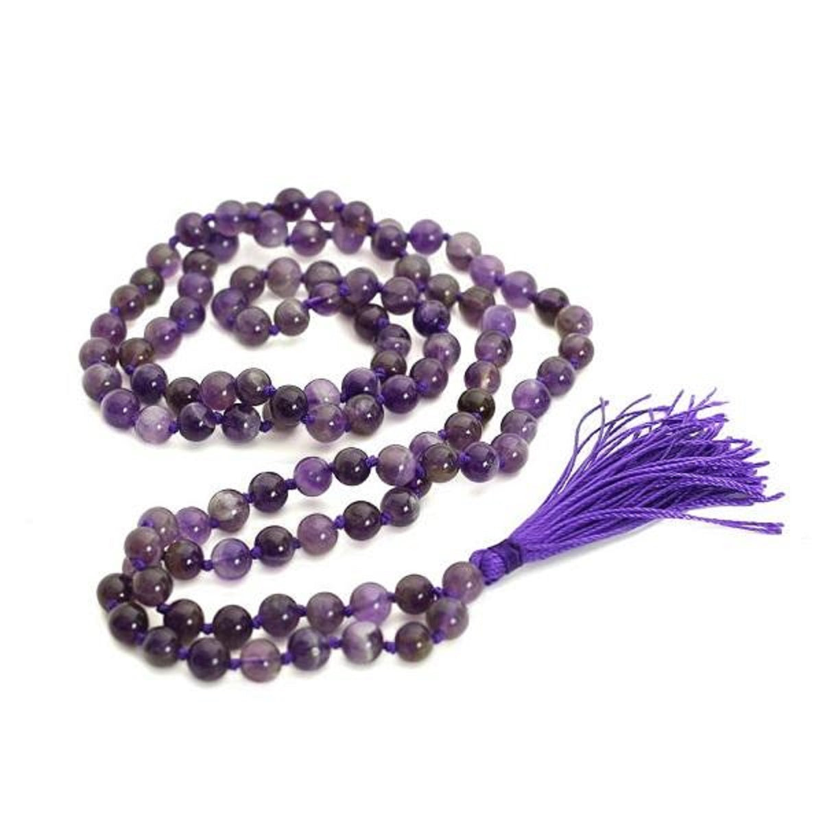 The Natural Amethyst Mala Prayer 108 Beads Japa Mala Tassel Necklace functions as both a stunning accessory and a spiritual tool for meditation.