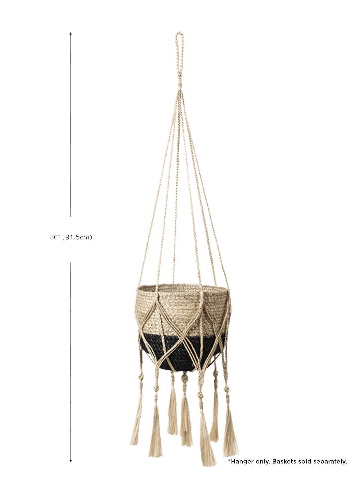 The Plant Hanger - Bitan is a handmade jute hanger crafted by Fair Trade artisans, featuring natural fibers with a striking black base and playful tassels.