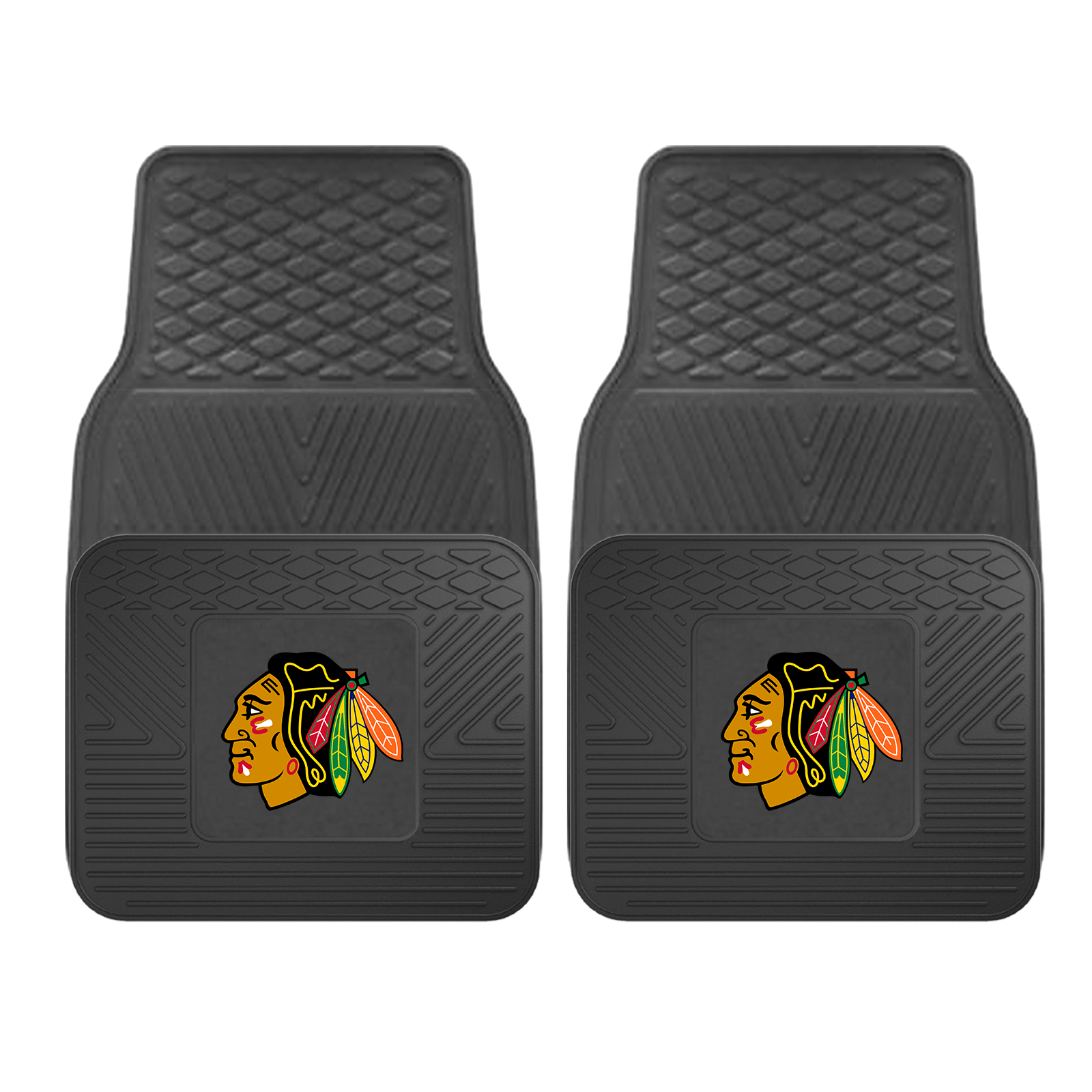 Two NHL 2-PC Vinyl Car Mats with a Chicago Blackhawks logo on the lower left corner of each mat.