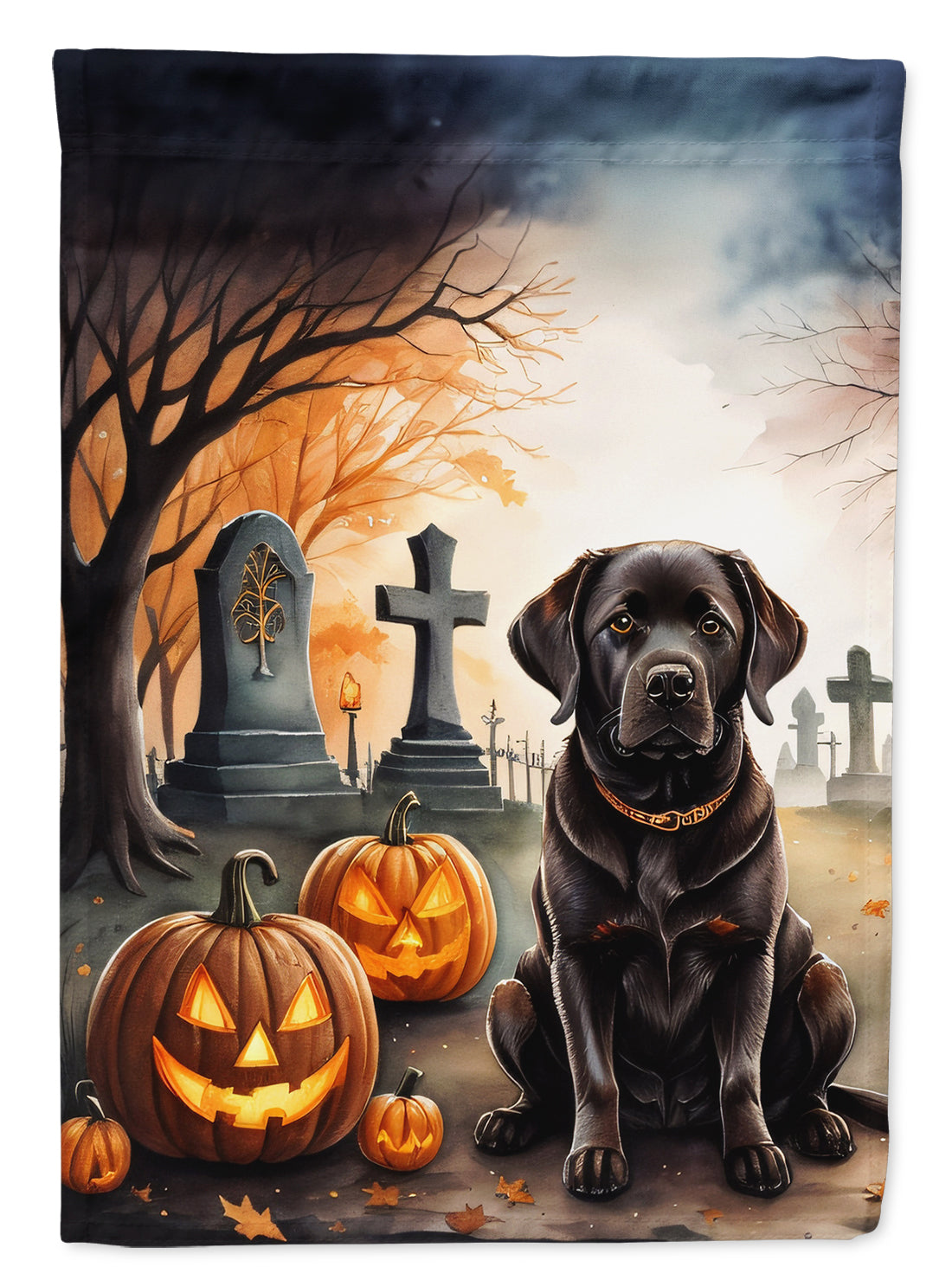 A Chocolate Labrador Retriever sits in a cemetery surrounded by carved pumpkins with glowing faces. Tombstones and bare trees loom in the background, while a Spooky Halloween House Flag featuring the dog waves gently, enhancing the spooky atmosphere.