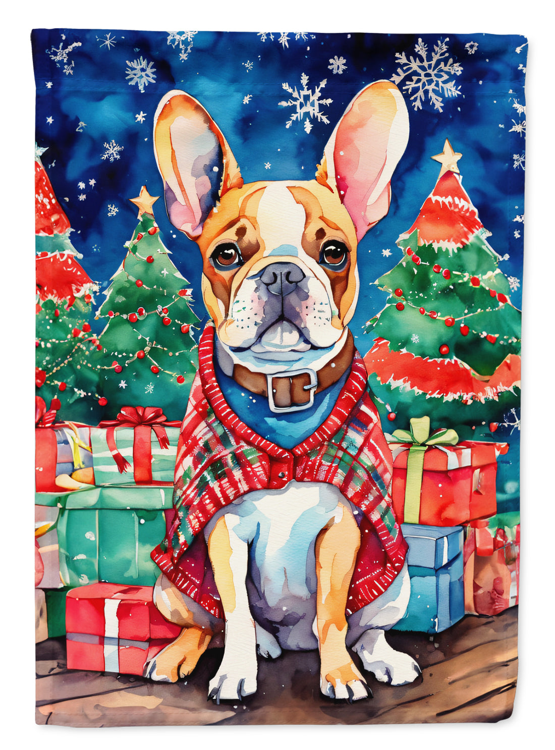 A delightful watercolor illustration features a French Bulldog wearing a red sweater, sitting before Christmas trees adorned with decorations and vibrant gifts, set against a snowy night sky backdrop. This scene beautifully captures the seasonal spirit in the form of the charming French Bulldog Christmas House Flag.