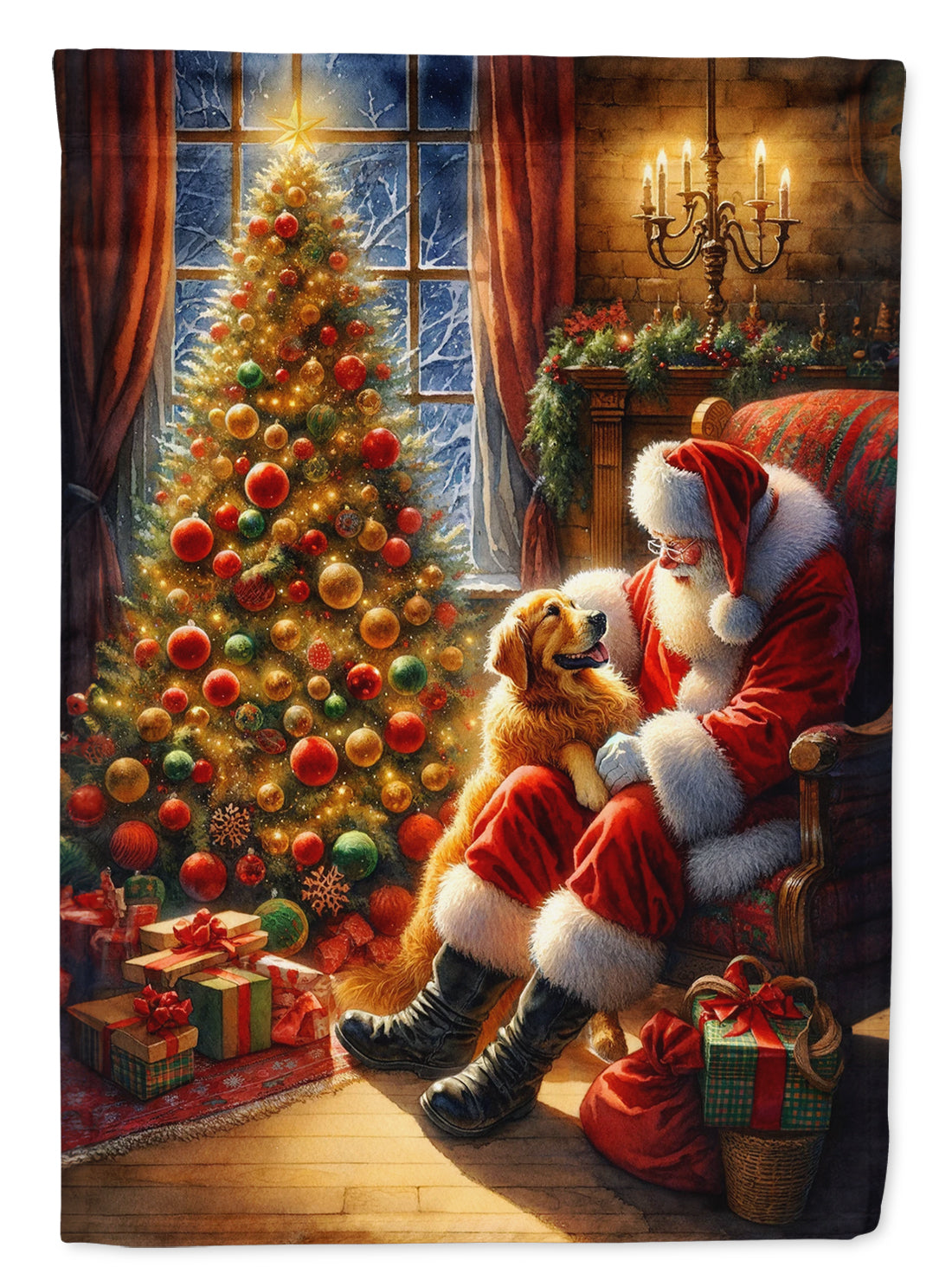 Santa Claus is seated in a cozy room by a beautifully decorated Christmas tree, gently petting a joyful Golden Retriever, much like the charming scene depicted in the Golden Retriever and Santa Claus House Flag.