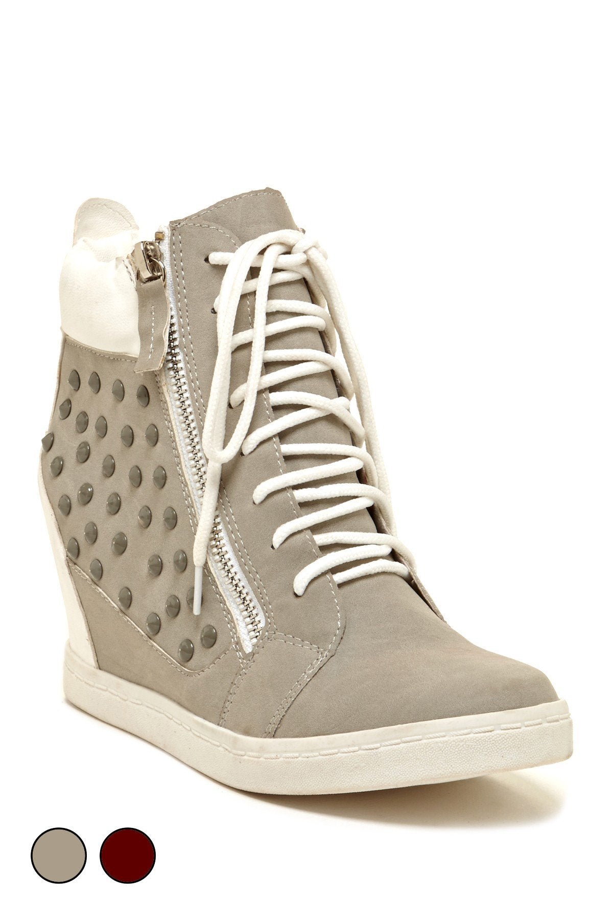 A gray DUPREE sneaker with silver studs, white laces, and side zipper detail, displayed on a white background.
