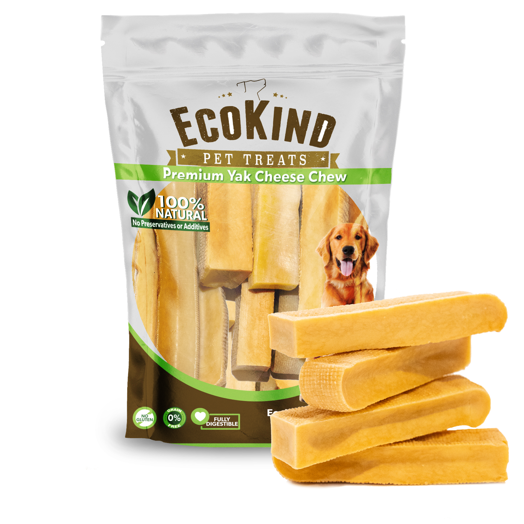 Packaging of Gold Yak Chews for Large Dogs with a stack of Himalayan Yak Milk chews beside it.