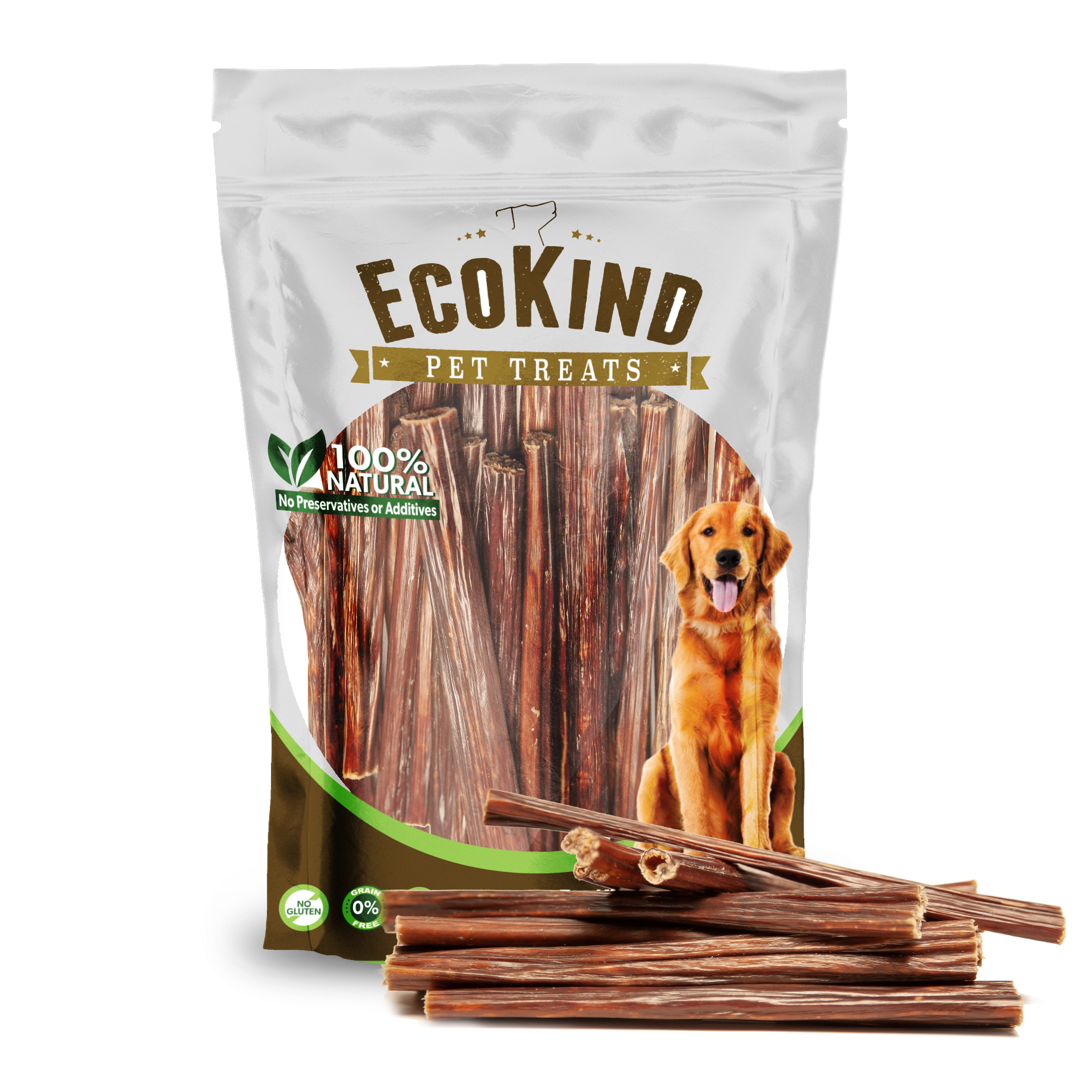 The Grass-Fed Beef Gullet Sticks package showcases a joyful dog next to appealing dried chew sticks, with the label prominently stating "100% natural" grass-fed beef. These treats support joint health for your furry friend without any preservatives or additives.