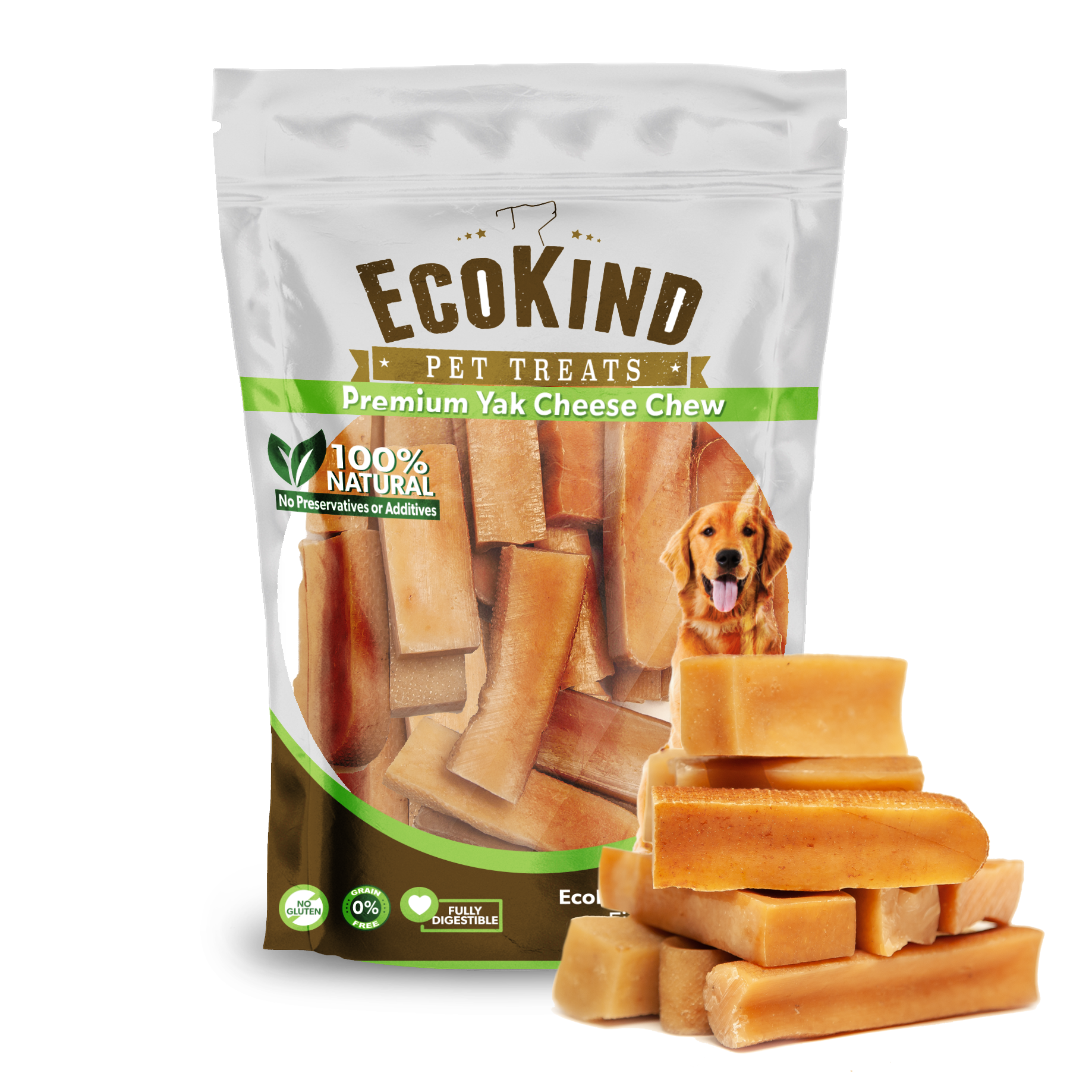 Bag of Gold Yak Chews for Small Dogs, featuring premium yak cheese blocks. The packaging emphasizes 100% natural milk sticks with no preservatives or additives, offering a gluten-free and lactose-free delight tailored for your pet!