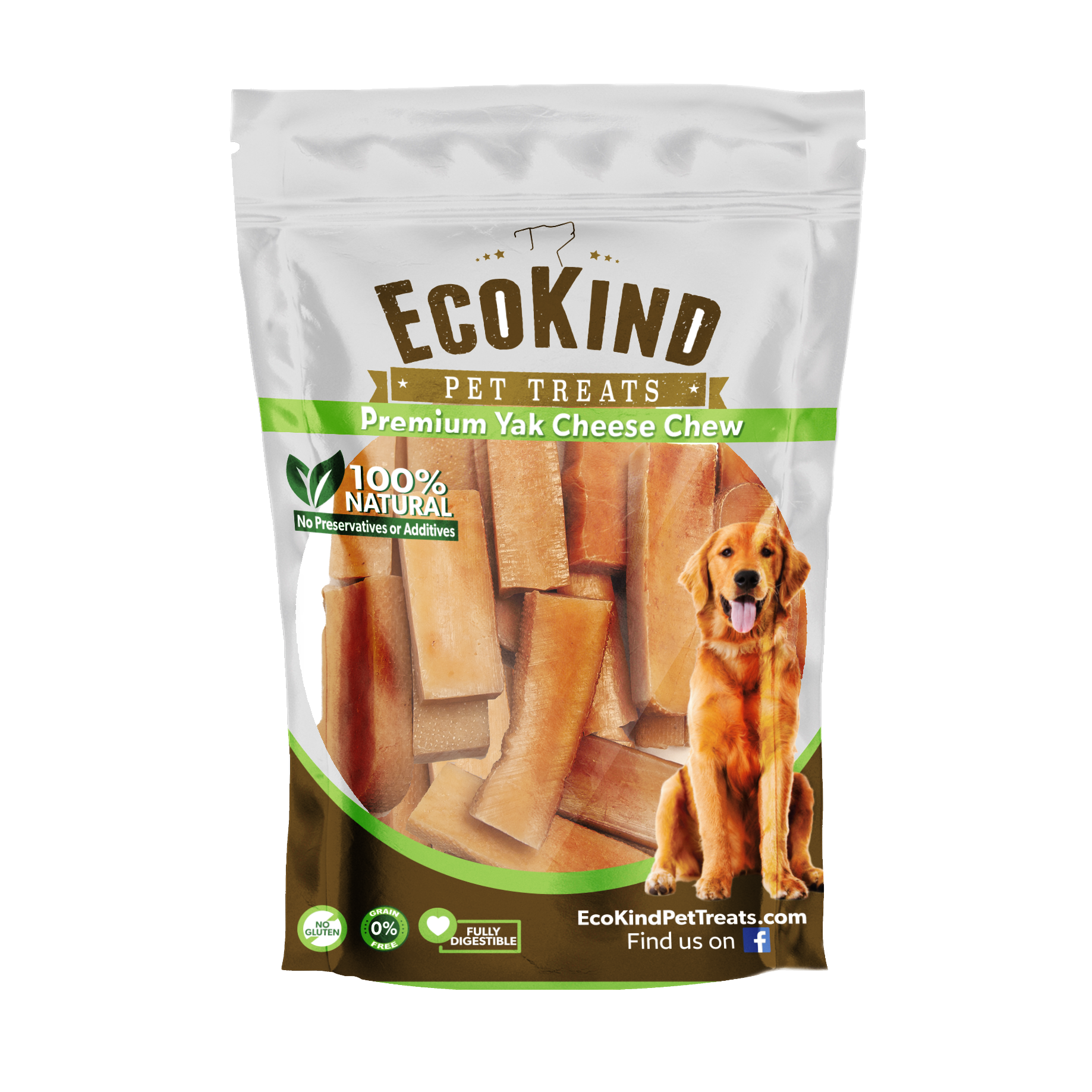 Bag of Gold Yak Chews for Small Dogs, featuring premium yak cheese blocks. The packaging emphasizes 100% natural milk sticks with no preservatives or additives, offering a gluten-free and lactose-free delight tailored for your pet!