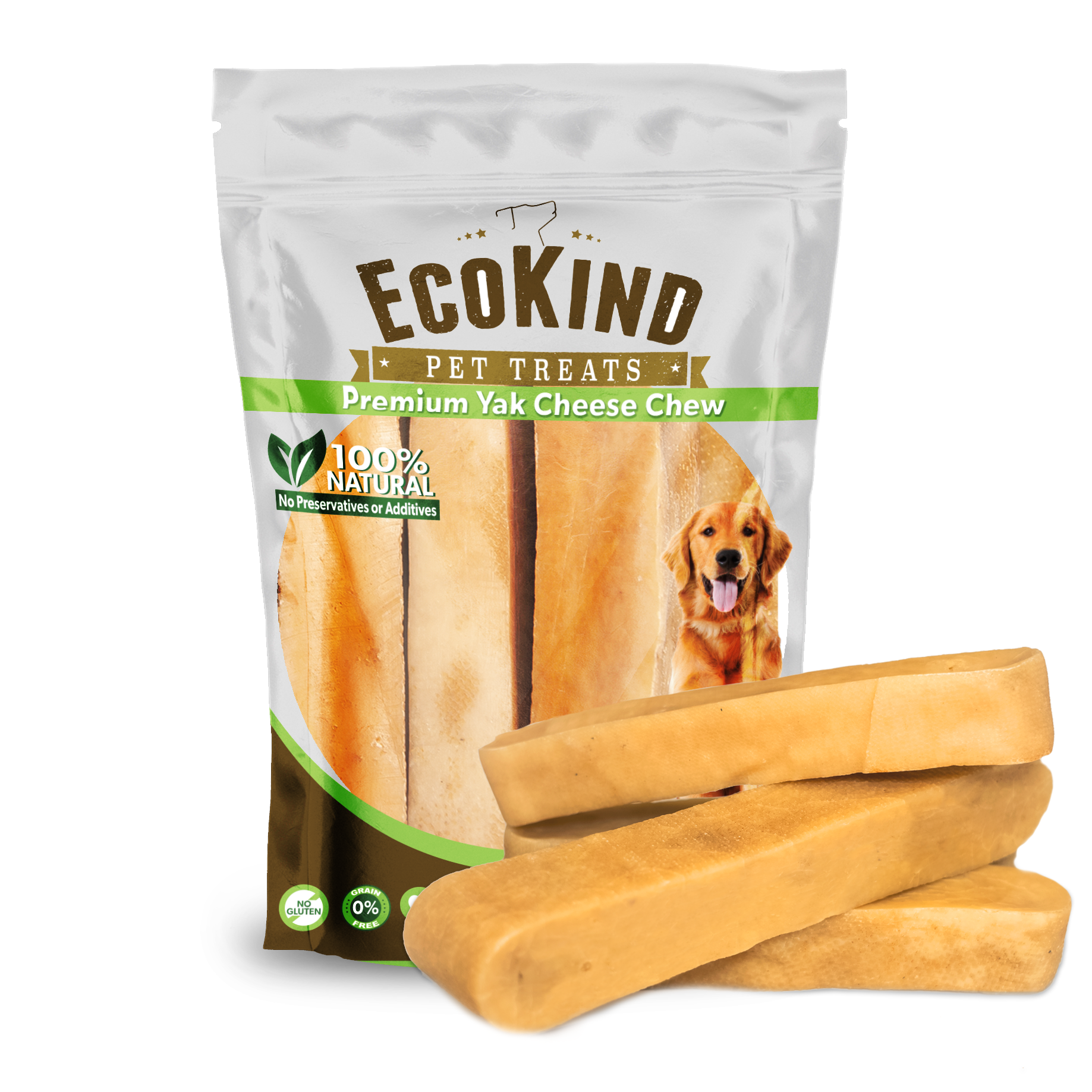 The packaging of EcoKind GIANT Gold Yak Chews beautifully showcases three chews in the forefront, accompanied by an image of a cheerful dog. Known for their Himalayan charm, these treats promise a delightful and natural snack for your furry friend.