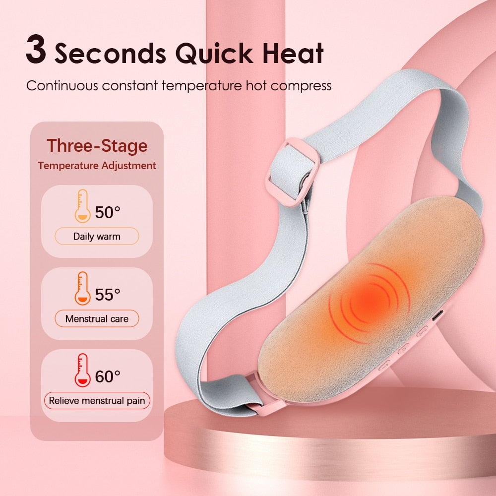 Two Electric Period Cramp Massager Vibrating Heating Belts for Menstrual in white and pink, featuring adjustable straps, digital control panels, and an electric waist belt massager function.