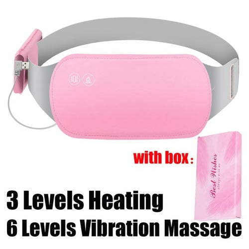 Two Electric Period Cramp Massager Vibrating Heating Belts for Menstrual in white and pink, featuring adjustable straps, digital control panels, and an electric waist belt massager function.