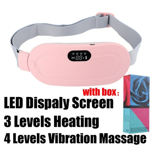 Two Electric Period Cramp Massager Vibrating Heating Belts for Menstrual in white and pink, featuring adjustable straps, digital control panels, and an electric waist belt massager function.