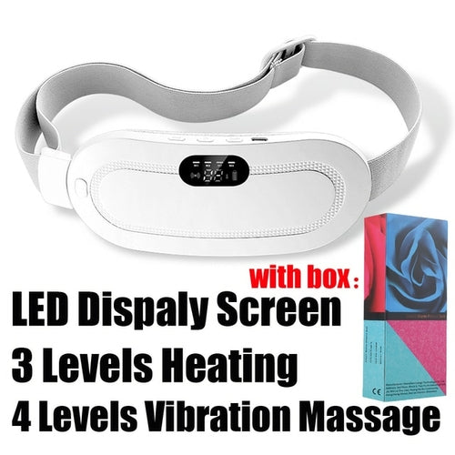 Two Electric Period Cramp Massager Vibrating Heating Belts for Menstrual in white and pink, featuring adjustable straps, digital control panels, and an electric waist belt massager function.