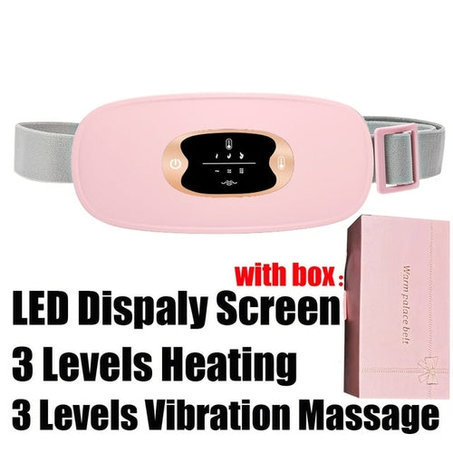 Two Electric Period Cramp Massager Vibrating Heating Belts for Menstrual in white and pink, featuring adjustable straps, digital control panels, and an electric waist belt massager function.