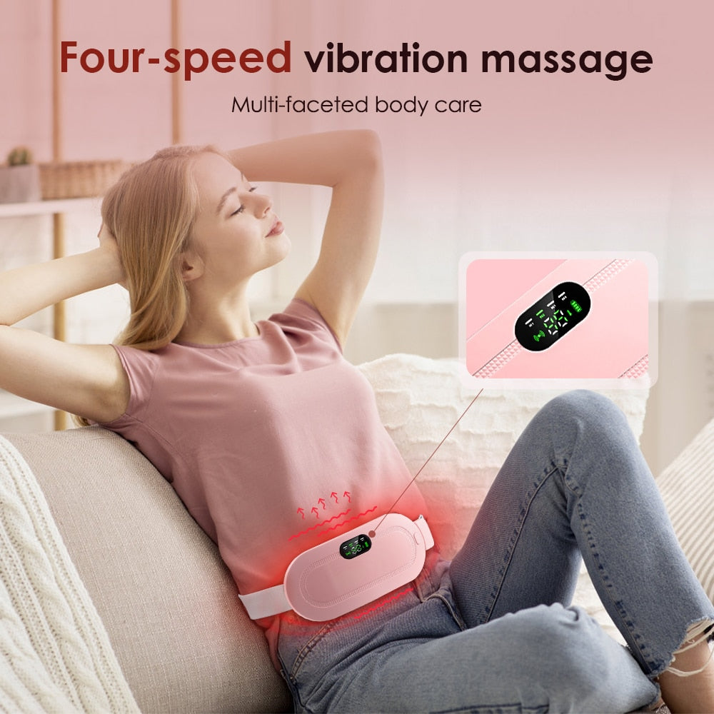 Two Electric Period Cramp Massager Vibrating Heating Belts for Menstrual in white and pink, featuring adjustable straps, digital control panels, and an electric waist belt massager function.
