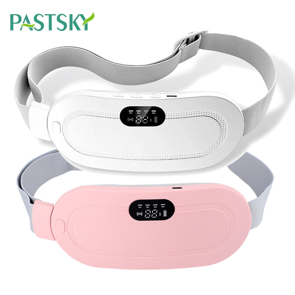 Two Electric Period Cramp Massager Vibrating Heating Belts for Menstrual in white and pink, featuring adjustable straps, digital control panels, and an electric waist belt massager function.