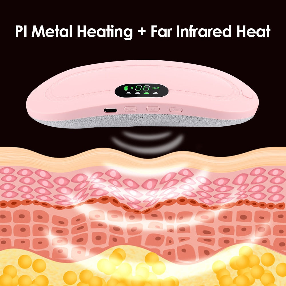 Two Electric Period Cramp Massager Vibrating Heating Belts for Menstrual in white and pink, featuring adjustable straps, digital control panels, and an electric waist belt massager function.