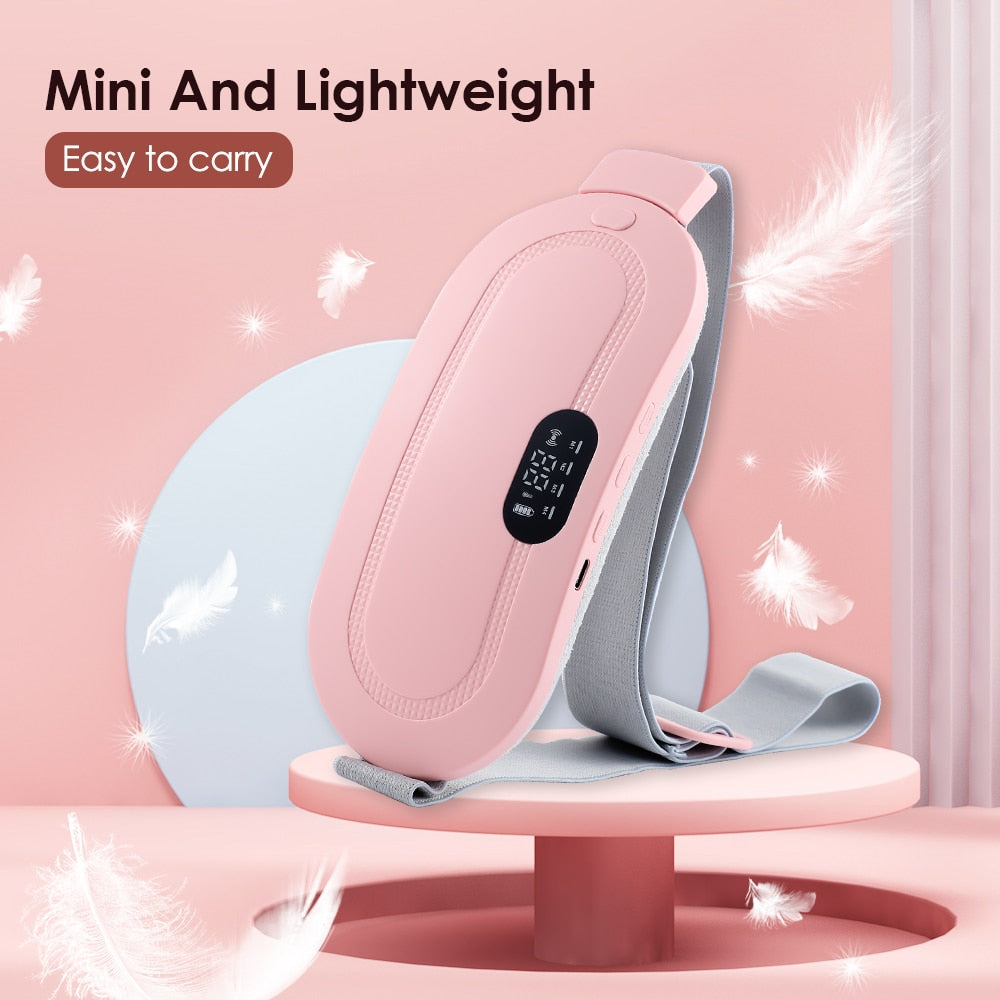 Two Electric Period Cramp Massager Vibrating Heating Belts for Menstrual in white and pink, featuring adjustable straps, digital control panels, and an electric waist belt massager function.