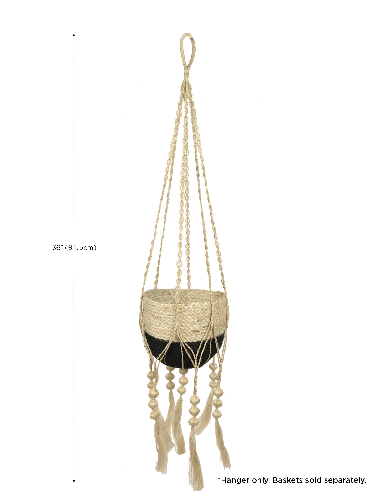 The Plant Hanger - Fiora is a beautiful handmade macramé plant holder, showcasing a black pot adorned with a beige jute rope design, complemented by wooden beads and tassels. Crafted by Fair Trade artisans, it represents sustainable handicraft.