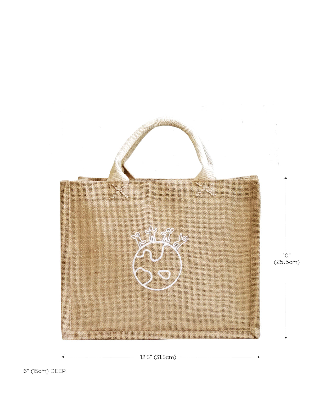 Introducing the Gift Bag - Earth: a stylish tote made from brown natural jute fabric, adorned with a charming illustration of a globe and plants on one side. Each purchase of this eco-friendly bag supports Fair Trade artisans.