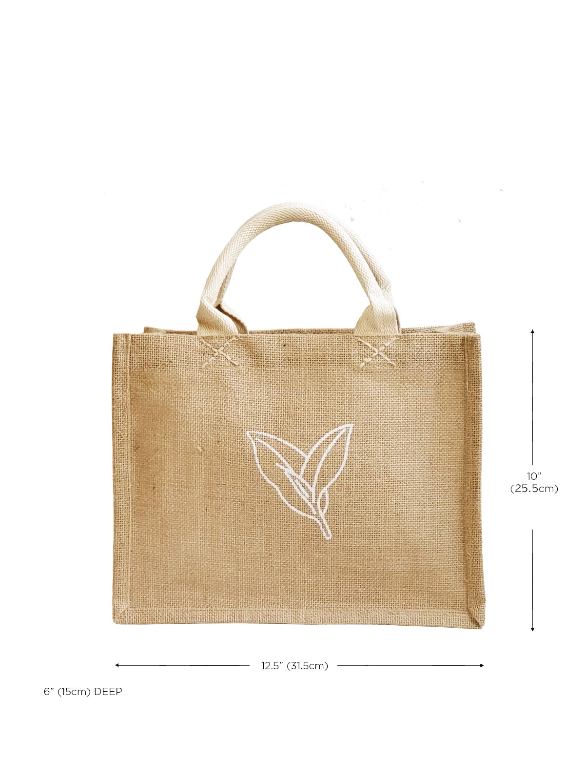 The Gift Bag - Nature is a beige tote made from natural jute, adorned with two handles and a minimalist leaf design on the front.