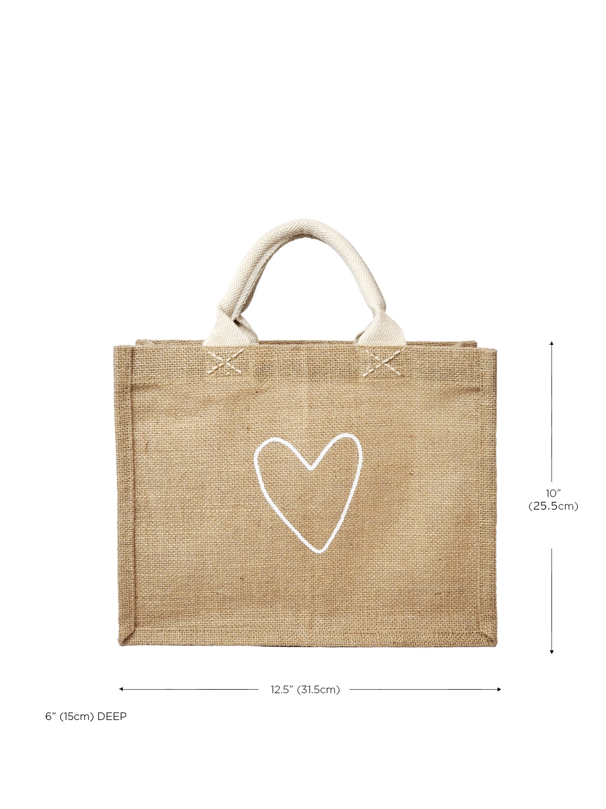 The "Gift Bag - Love" is a beige jute tote bag, handcrafted sustainably with short handles and adorned with a white heart outline on the front.