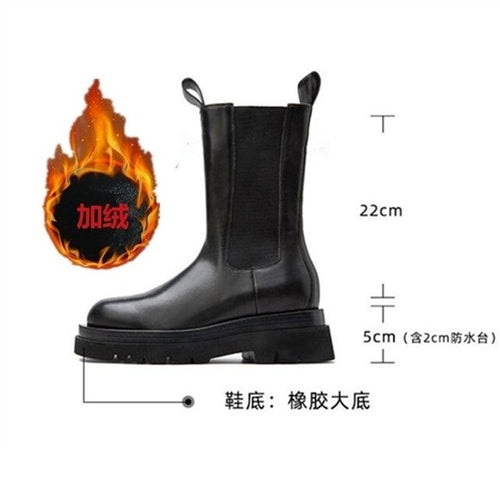 A pair of black Houzhou Woman Chelsea Boots Fashion Platform with thick soles, displayed in an open shoe box with white tissue paper.