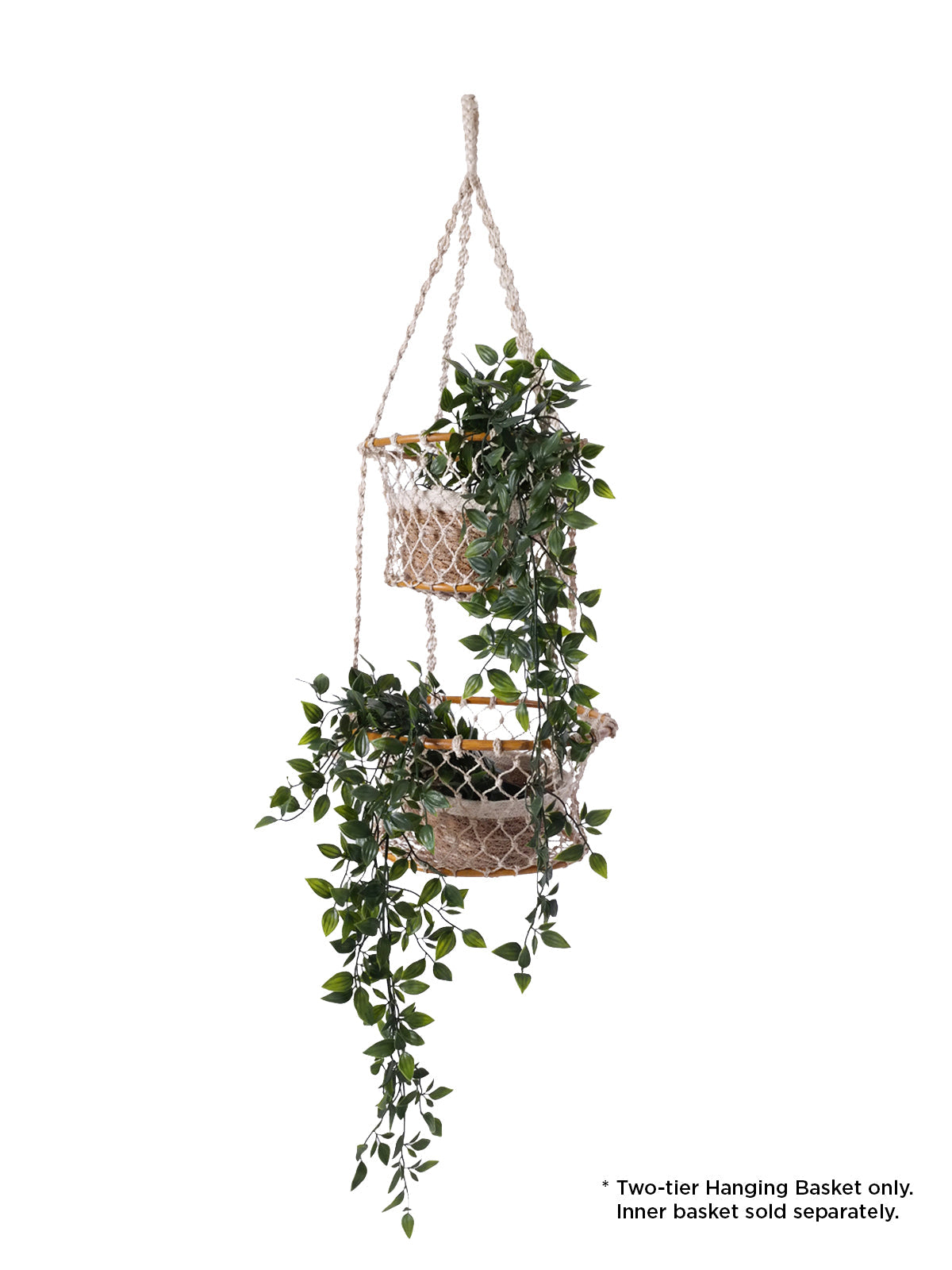 The Jhuri Double Hanging Basket is a macramé plant holder with two intricately woven baskets, each holding a lush green plant. Created by Fair Trade artisans, this piece showcases sustainably handmade craftsmanship and timeless elegance against a simple backdrop.