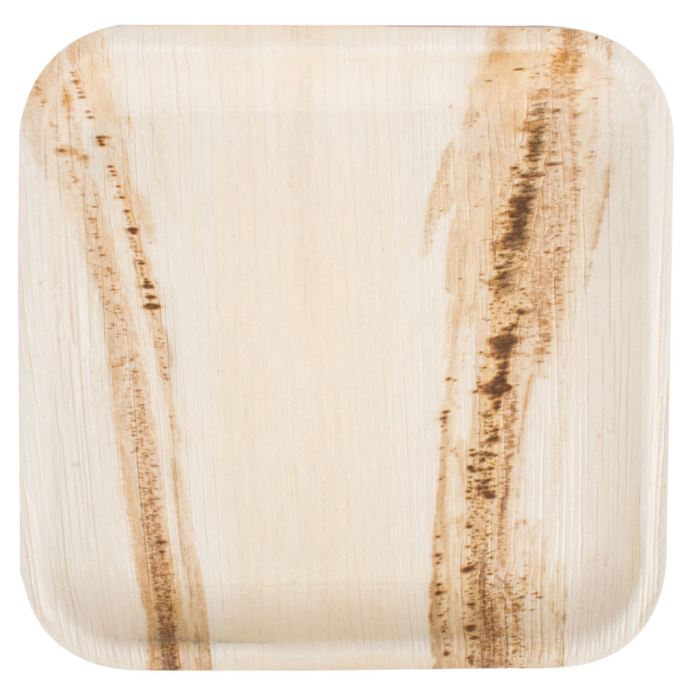 A collection of Palm Leaf Square Plates 9" Inch (Set of 100/50/25), resembling eco-dinnerware, is displayed alongside a solitary plate against a simple background.