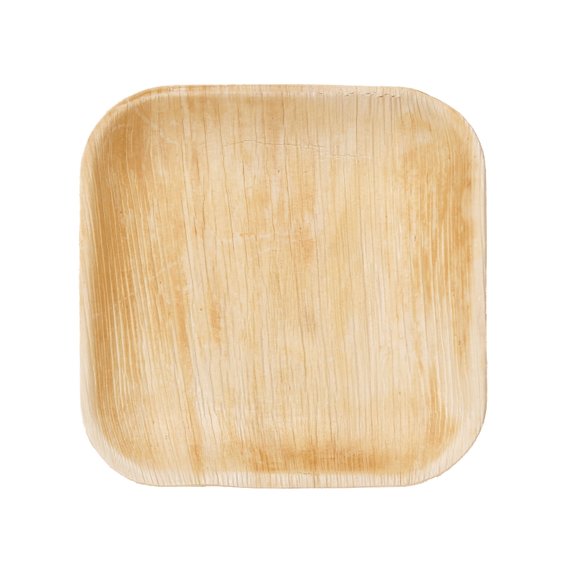 A collection of Palm Leaf Square Plates 7" Inch, featuring a textured natural finish, resting against each other on a white background. These 100% compostable gems offer an elegant and sustainable reimagining of eco-dinnerware.