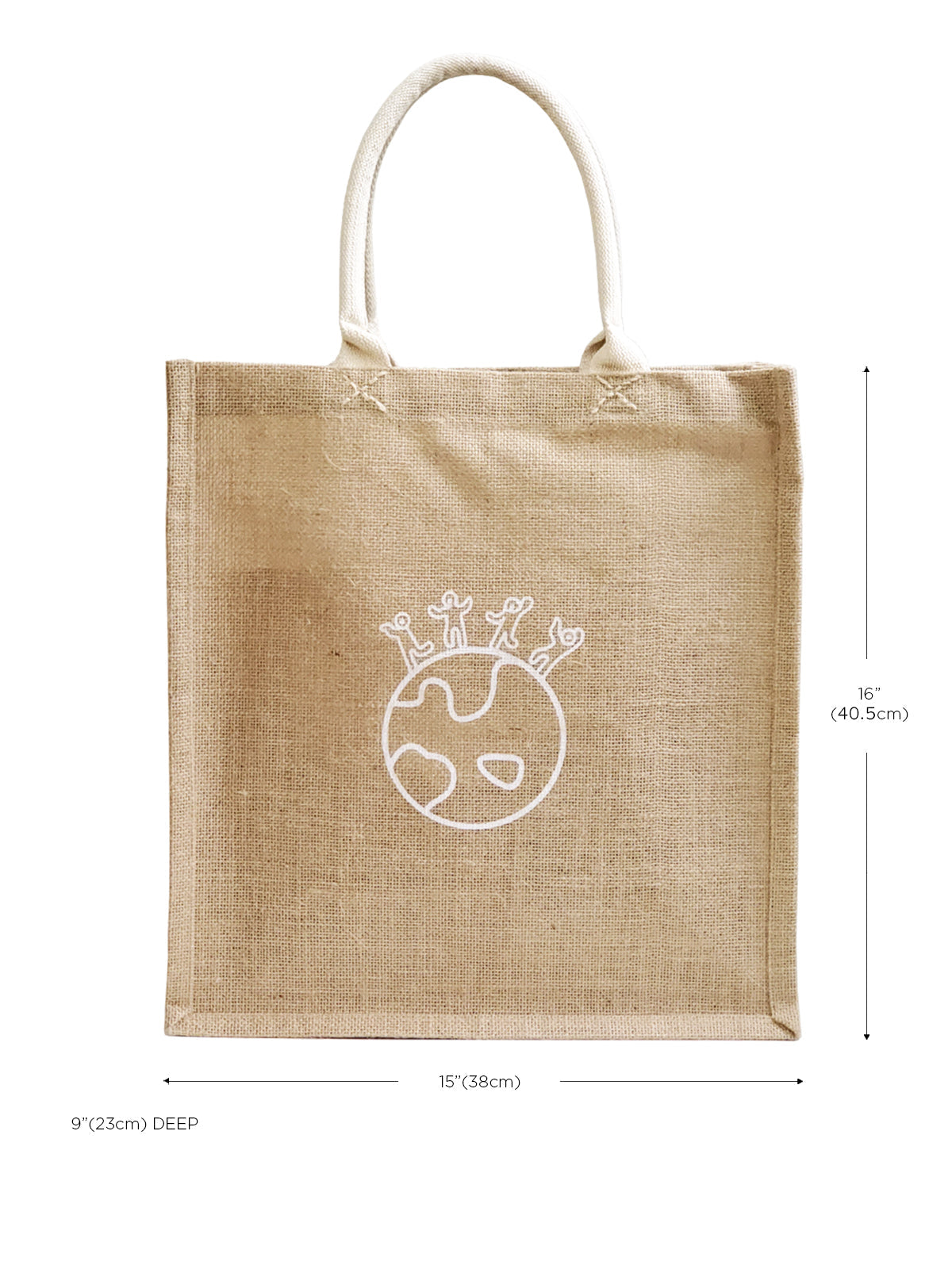 The Market Bag - Earth is a beige reusable jute bag featuring a simple white line drawing of a globe with small figures, representing people on Earth. Made by Fair Trade artisans, it's an ideal eco-friendly option for those who prioritize sustainability.