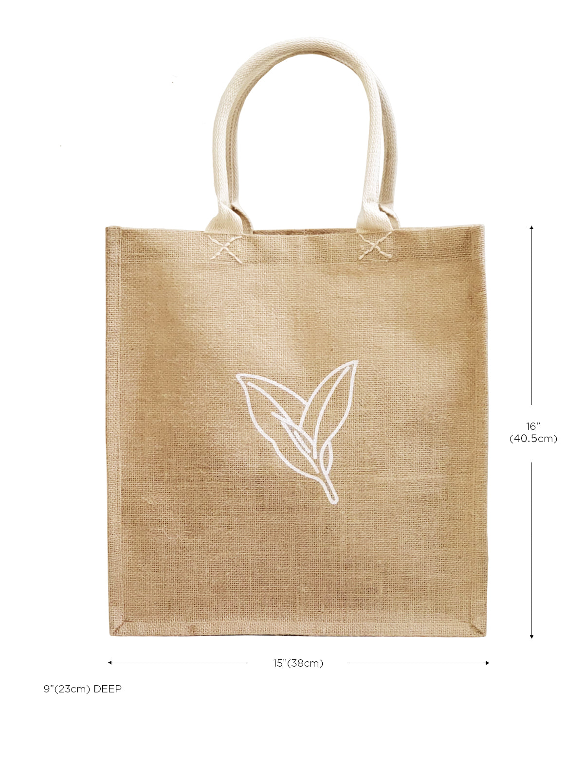 Introducing the Market Bag - Nature: a durable brown jute tote with two handles, adorned with an elegant white leaf design on the front. Handcrafted by Fair Trade artisans, this sustainable and reusable bag is ideal for any outing.