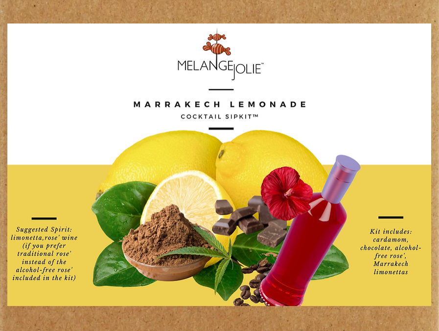 Packaging box for Mélange Jolie Marrakesh Lemonade Cocktail SipKit™ (Case of Six) next to a glass of lemonade with Marrakesh lemons slices and ice.