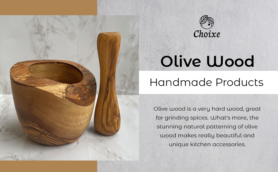 The Olive Wood Rustic Mortar and Pestle, featuring a smooth, polished surface and striking grain patterns, stands out as a sturdy kitchen accessory against a plain white background.