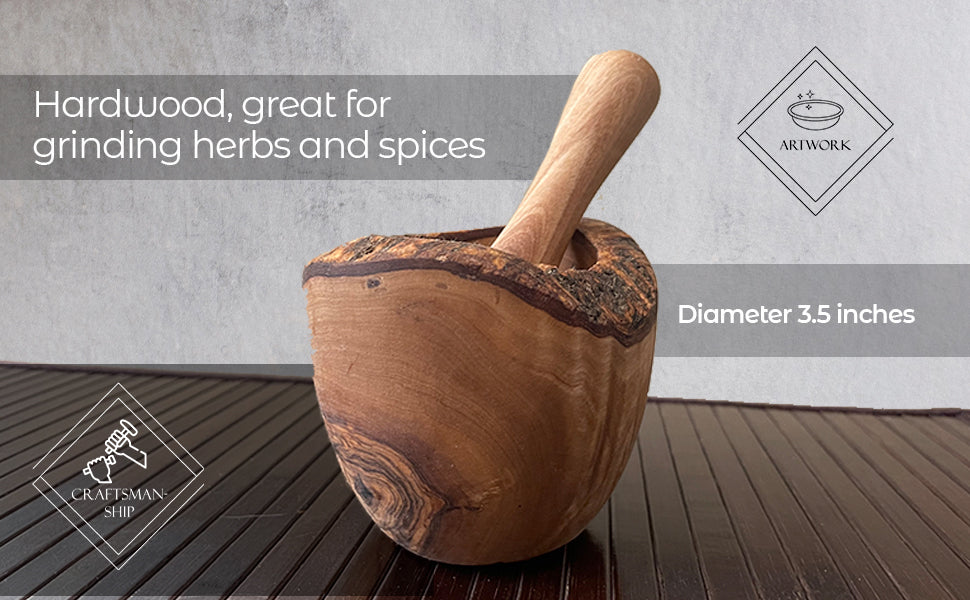 The Olive Wood Rustic Mortar and Pestle, featuring a smooth, polished surface and striking grain patterns, stands out as a sturdy kitchen accessory against a plain white background.