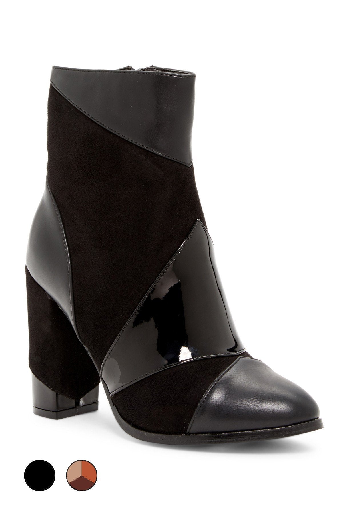 OLYGPATCH vegan leather ankle boot with a glossy patent toe cap and heel, set against a white background.