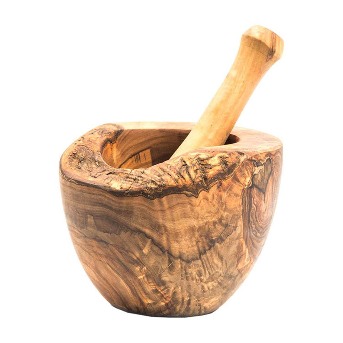 The Olive Wood Rustic Mortar and Pestle, featuring a smooth, polished surface and striking grain patterns, stands out as a sturdy kitchen accessory against a plain white background.