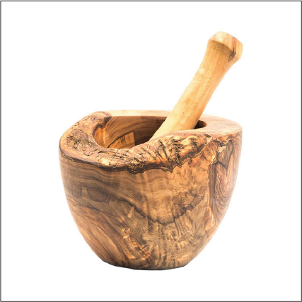 The Olive Wood Rustic Mortar and Pestle, featuring a smooth, polished surface and striking grain patterns, stands out as a sturdy kitchen accessory against a plain white background.