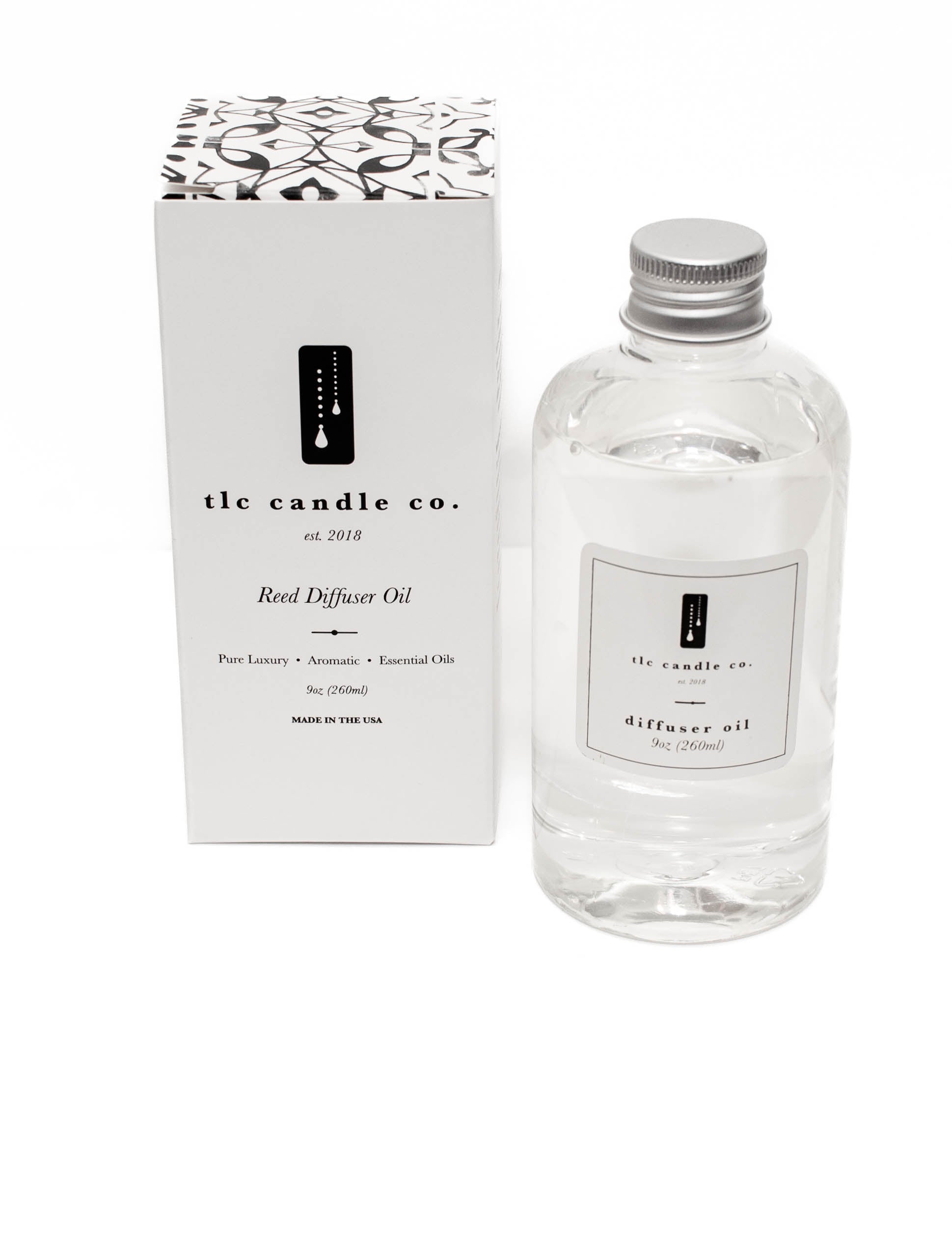 A bottle of refill oil, elegantly boxed and labeled "Refill Oil - Citrus Tree" by tlc candle co., is scented with chemical-free notes of tropical citrus fruits and exotic mountain greens.